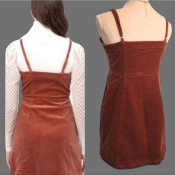 Y2K Brown Clay Boho Sleeveless Button Front Corduroy Mini Dress Large - Picture 13 of 16